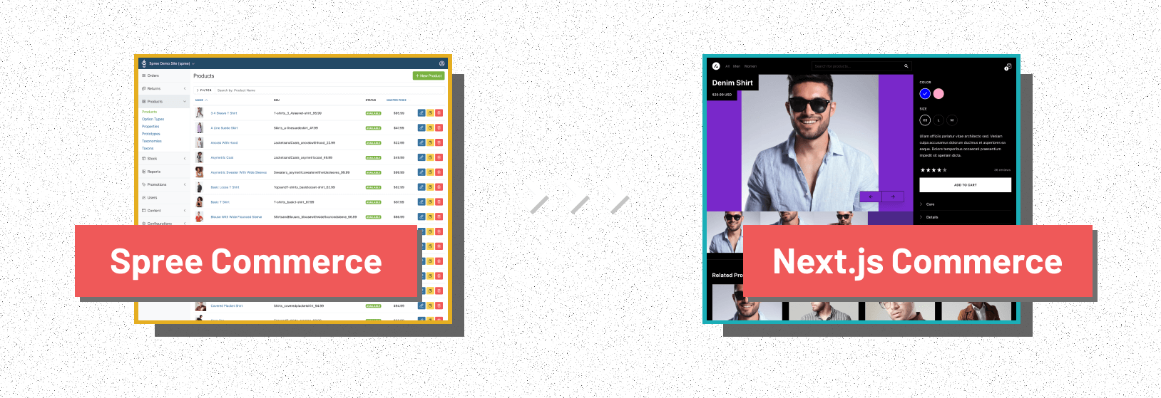 Screenshots of Spree Commerce and NextJS Commerce